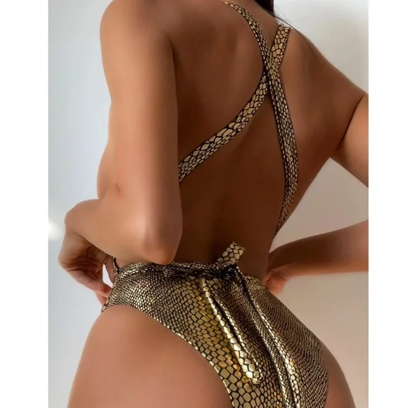 Plus Metallic Criss Cross One Piece Swim Monokini - Picture 6 of 7